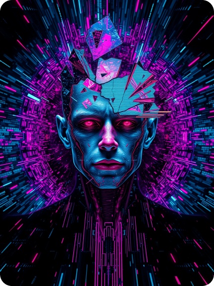 A distorted humanoid figure flickering with neon shards and broken data streams in collapsing virtual space.