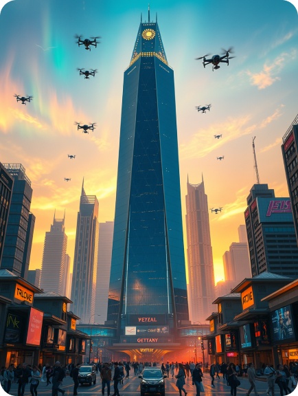 A futuristic sci-fi cityscape anchored by a glowing crystal skyscraper.