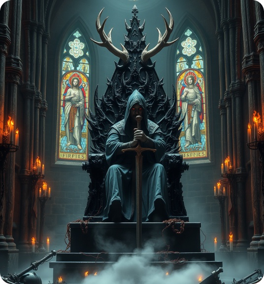 A hooded monarch sitting on a thorned throne in a ruined cathedral, bathed in candlelight and shadow.