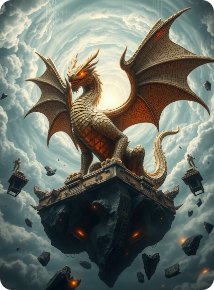 An ancient bronze dragon on a floating rock amidst old ruins.