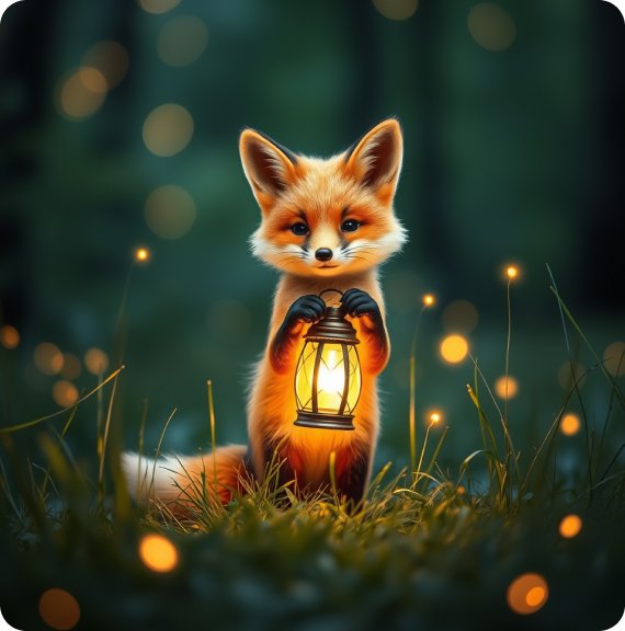 A magical fox holding a lantern in an enchanted forest clearing.